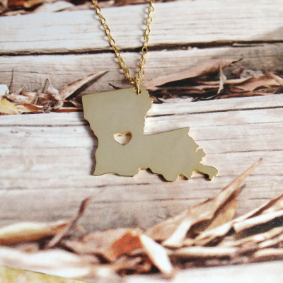 Gold Louisiana State Necklace LA State Charm Necklace State Shaped Necklace Personalized Louisiana State Necklace With A Heart