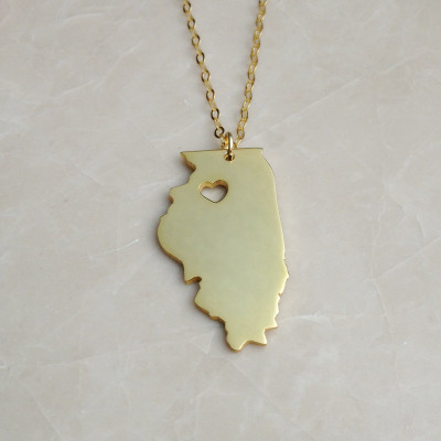 Illinois State Necklace IL State Charm Necklace State Shaped Necklace Personalized State Necklace 18k Gold State Necklace With A Heart