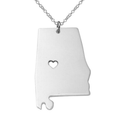 Sterling Silver Alabama State Necklace Personalized State Necklace AL State Charm Necklace State Shaped Necklace With A Heart