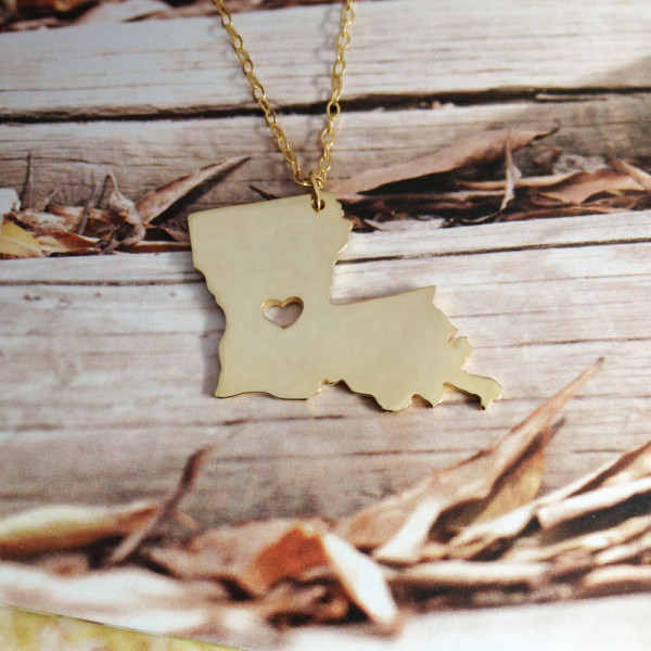 Gold Louisiana State Necklace LA State Charm Necklace State Shaped Necklace Personalized Louisiana State Necklace With A Heart