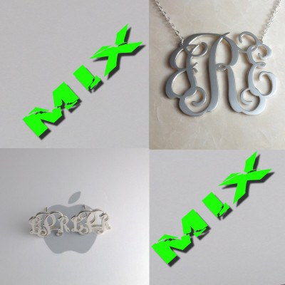 Sterling Silver Monogram Necklace MIX Initial Monogram Earings-3 Initials Necklace 1.25"Personalized Necklace Christmas Gift Custom Jewelry