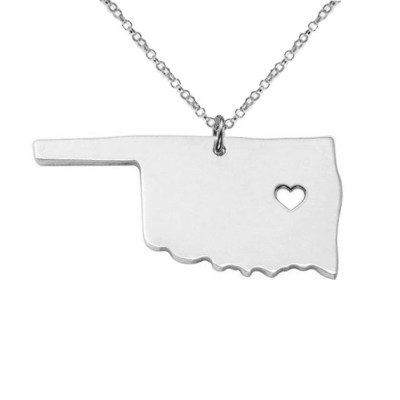 Sterling Silver Oklahoma Necklace OK State Charm Necklace State Shaped Necklace Personalized State Necklace State Jewelry With A Heart