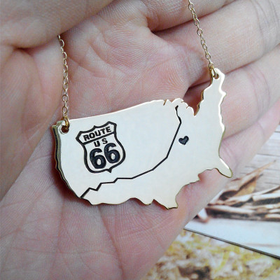 US Route 66 Travel Map Necklace 2"inch State Charm Necklace State Shaped Necklace Personalized State Necklace Custom Necklace With A Heart