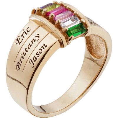 Personalized Gold over Silver Family Baguette Name and Birthstone Ring