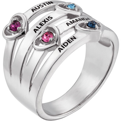Personalized Women's Sterling Silver Name & Heart Birthstone Stack Ring