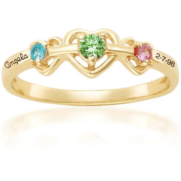 Keepsake Personalized Triple Heart Mother's Birthstone Ring available in 10kt Gold Plate
