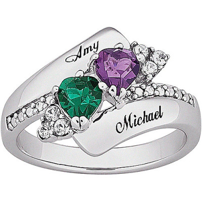 Personalized Couple's Crystal Heart Birthstone Name Ring in Sterling Silver