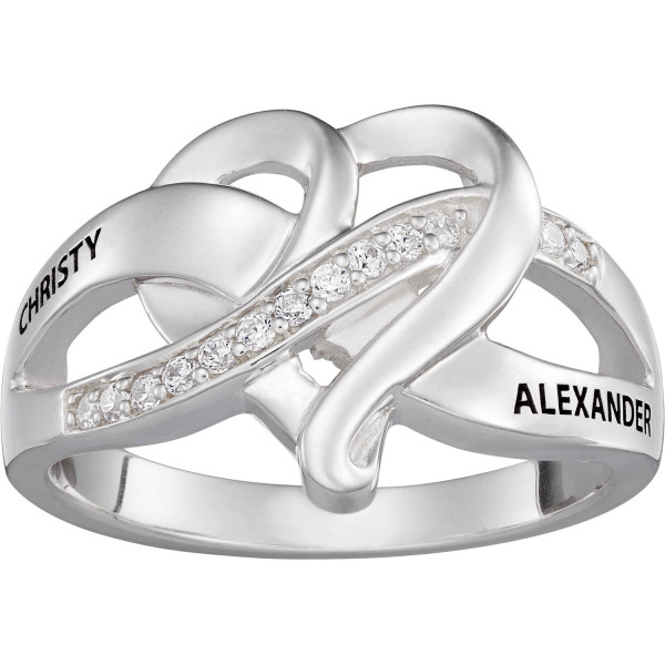 Personalized Couple's Sterling Silver Engraved Name Heart CZ Ring