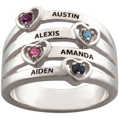 Personalized Mother's 18ct Gold-Plated Birthstone and Name with Heart Stack Ring