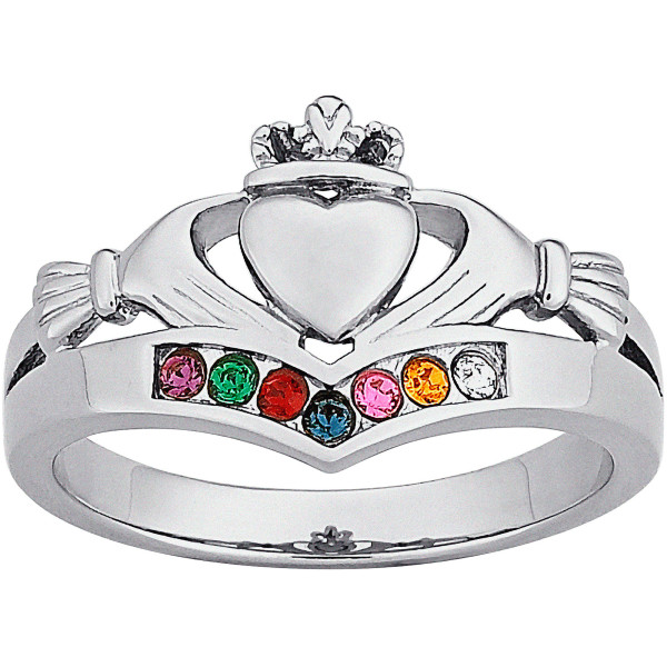Personalized Sterling Silver or 14K Gold over Silver Family Birthstone Claddagh Ring