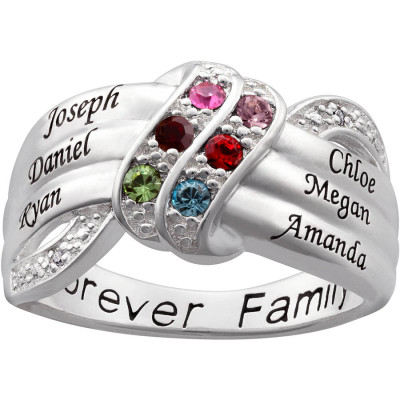 Personalized Women's 18kt White Gold Family Name and Birthstone Ring with Bespoke Necklace