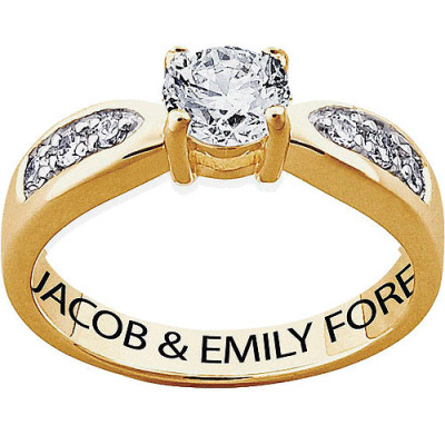 Personalized Women's CZ 18kt Gold Engraved Brilliant Promise and Engagement Ring