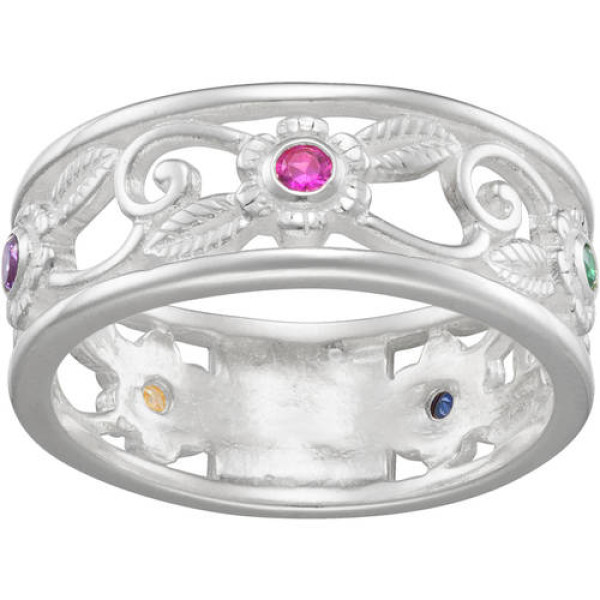 Personalized Women's Sterling Silver Family Birthstone Floral Ring