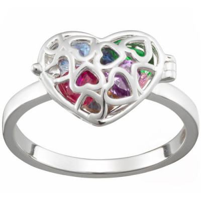 Personalized Women's Sterling Silver Heart Filigree Hidden Treasure Birthstone Hinged Ring