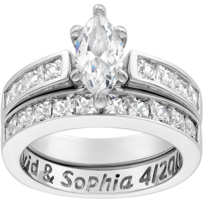 Personalized Women's Sterling Silver Marquise White Topaz Engraved Wedding Set