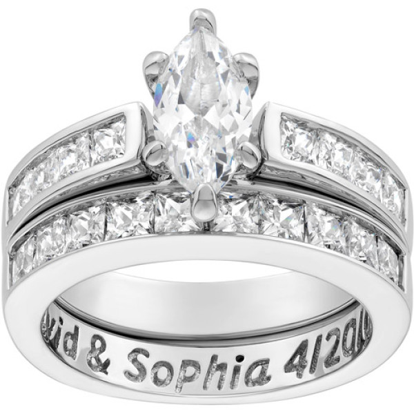 Personalized Women's Sterling Silver Marquise White Topaz Engraved Wedding Set