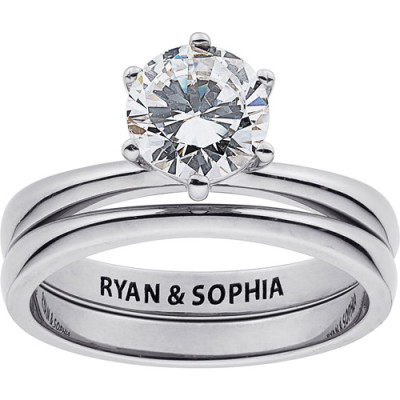 Personalized Women's Sterling Silver Round White Topaz Engraved Wedding Set