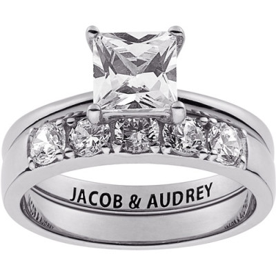 Personalized Women's Sterling Silver Square White Topaz Engraved Wedding Set