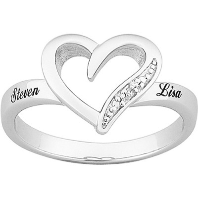 Platinum-Plated Sterling Silver Hearts Personalized Promise Ring with Diamond Trim