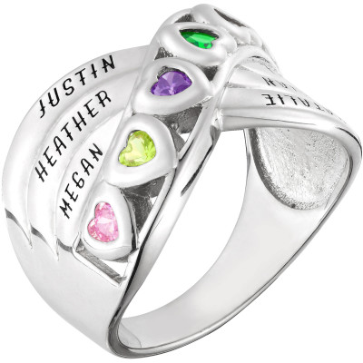 Personalized Mother's Sterling Silver Heart Birthstone and Name Ring