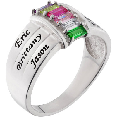 Personalized Sterling Silver Family Baguette Name and Birthstone Ring