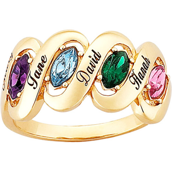 Personalized 18kt Gold-Plated Family Name and Birthstone Ribbon Ring