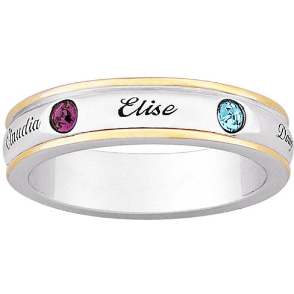 Personalized 2-Tone Mother's Name & Inlaid Birthstone Sterling Silver Band