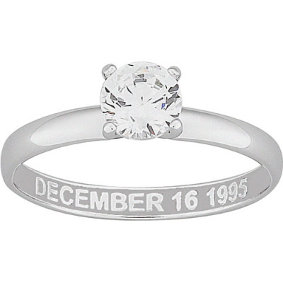 Personalized CZ Solitaire Sterling Silver Engraved Engagement Ring