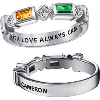 Personalized Couple's Sterling Silver Name and Baguette Birthstone Diamond Ring