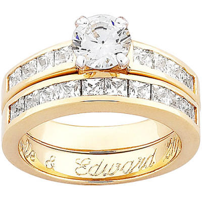 Personalized Engraved Two-Piece Sterling Silver with 18kt Gold Overlay and CZ Wedding Set