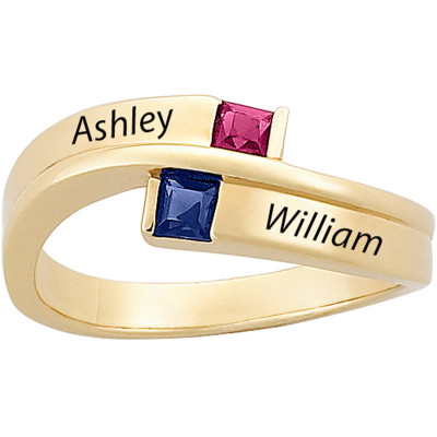 Personalized Gold over Sterling Silver Couple's Square Birthstone and Name Ring