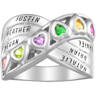 Personalized Mother's Sterling Silver Heart Birthstone and Name Ring