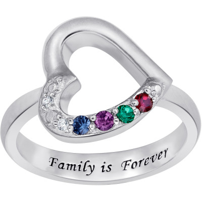 Personalized Mother's Sterling Silver "Family is Forever" Birthstone Heart Ring with Bespoke Necklace
