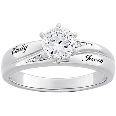 Personalized Sterling Silver Brilliant CZ & Diamond Acecnt Engagement Ring