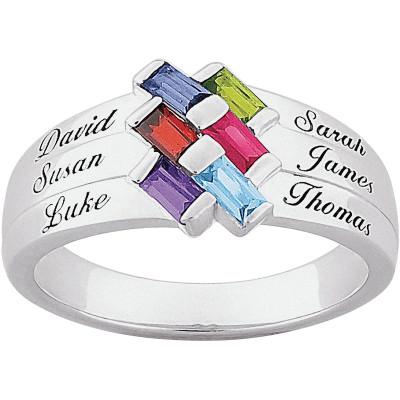 Personalized Sterling Silver Family Baguette Birthstone & Name Ring