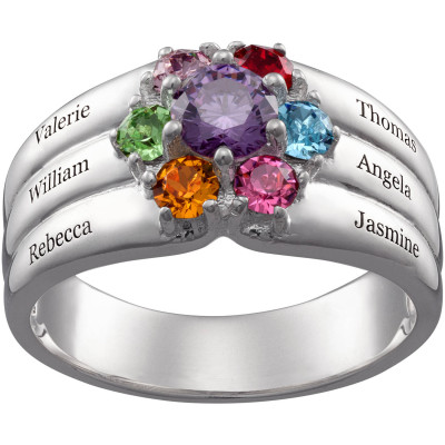 Personalized Sterling Silver or 18K Gold over Silver Family Round Birthstone and Name Ring