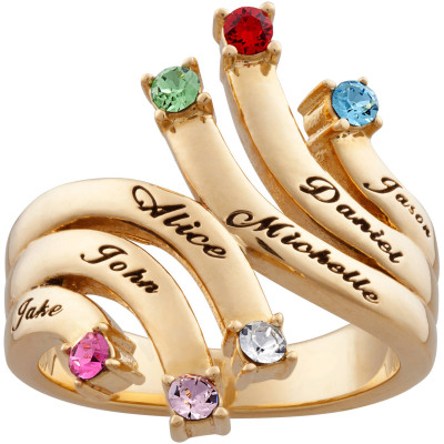 Personalized Women's Gold Over Silver Family Cascading Name & Birthstone Ring