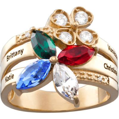 Personalized Women's Gold over Silver Family Flower Birthstone and Name Ring
