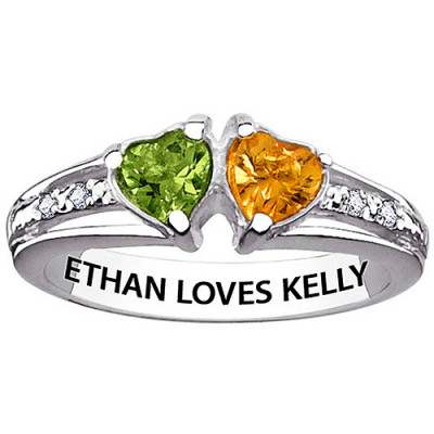 Personalized Women's Sterling Silver Bespoke Necklace Couple's Twin Hearts Birthstone Ring