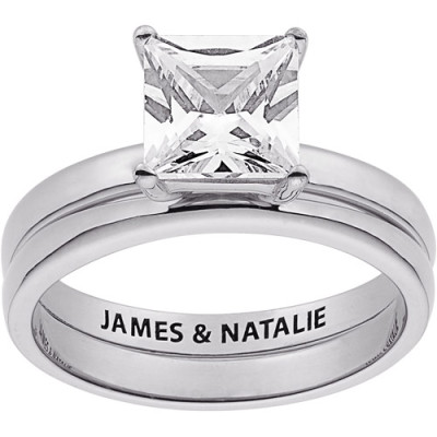 Personalized Women's Sterling Silver Square White Topaz Engraved Wedding Set