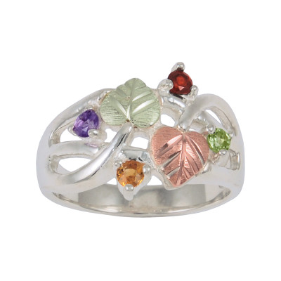 Personalized Women's Sterling Silver Two Leaf Family Ring with Genuine Stones