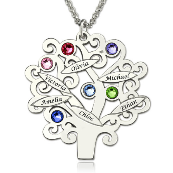 Personalised Necklaces - Engraved Family Tree Necklace with Birthstones
