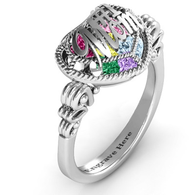 #1 Mom Caged Hearts Ring with Butterfly Wings Band
