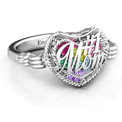 #1 Mom Caged Hearts Ring with Butterfly Wings Band