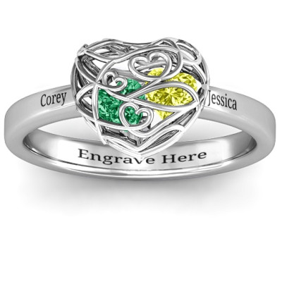 EncasedLove Petite Caged Hearts Ring with Classic with Engravings Band