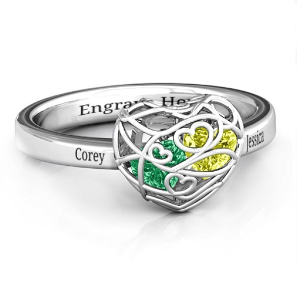 EncasedLove Petite Caged Hearts Ring with Classic with Engravings Band