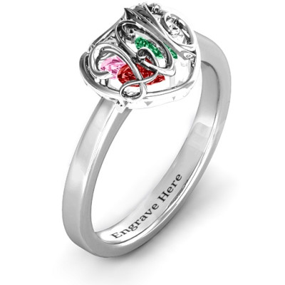 Petite Caged Hearts Ring with Classic with Engravings Band