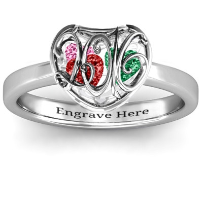 Petite Caged Hearts Ring with Classic with Engravings Band