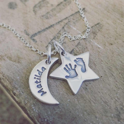 Personalised Necklaces - Moon & Star Hand & Foot Print Necklace