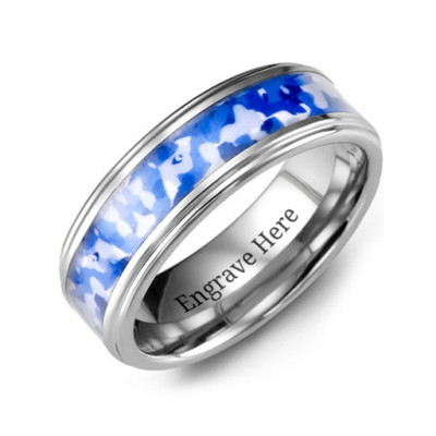 Grooved Tungsten Ring with Royal Blue Camouflage Insert